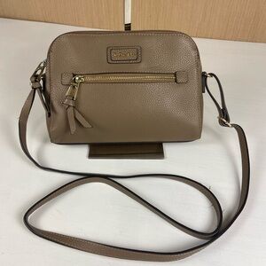 Lodis Taupe Leather Crossbody Camera Bag Gold Hardware Floral Lining